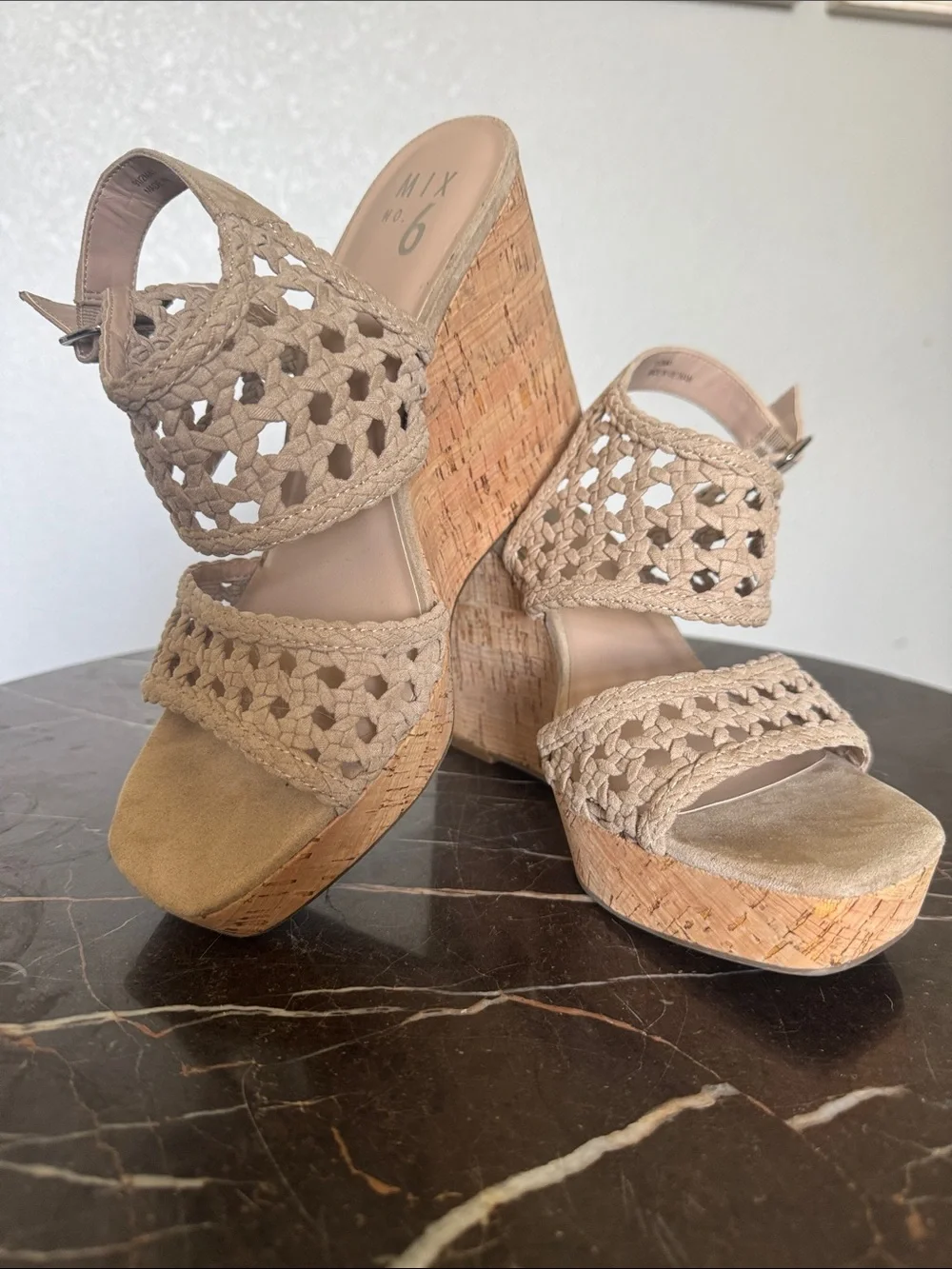 Mix No. 6 Taupe Braided Crochet Cork Wedge Sandals